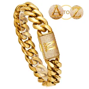 Mens Gold plated cuban link chain 14mm width letter cubia zirconia buckle stainless steel Bracelet 7.5"/8.5"
