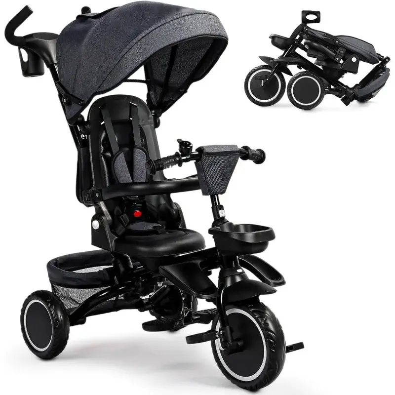 8-in-1 Foldable Baby Trike, Folding Travel Stroller with Removable Adjustable Canopy, Detachable Parent Handle, 5-Point Safety Harness