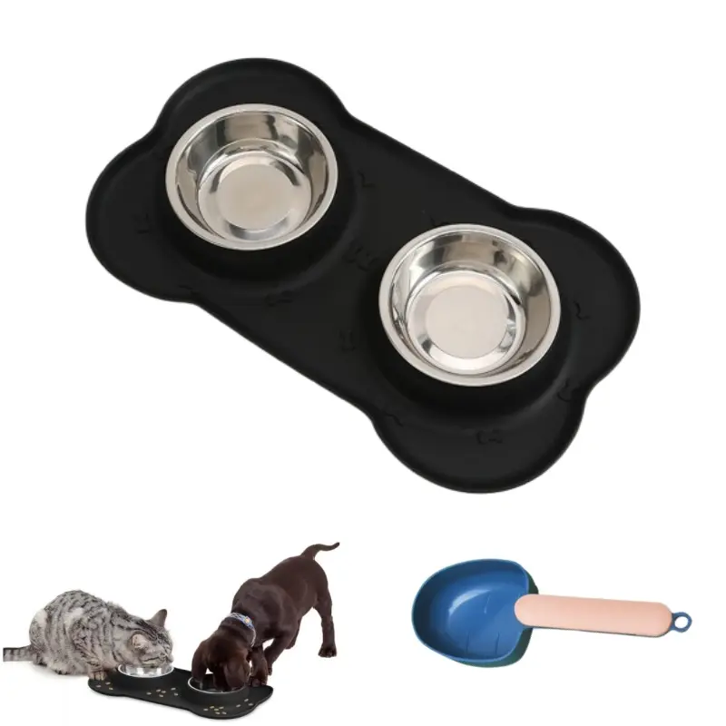 2-piece pet feeding set - stainless steel bowl with silicone anti slip pad and spoon - suitable for cats and dogs - keep the floor clean during meals, anti slip base prevents slipping, easy to clean and store