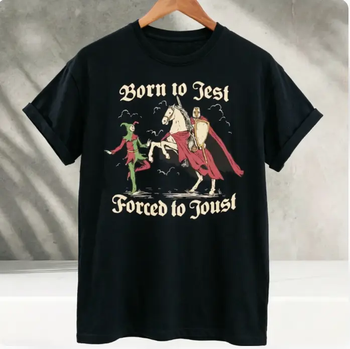 Vintage Graphic Tee, Unisex 100% Cotton Medieval Knight & Jester Print, 'Born to Jest' Renaissance Humor Shortsleeve Top, Tops