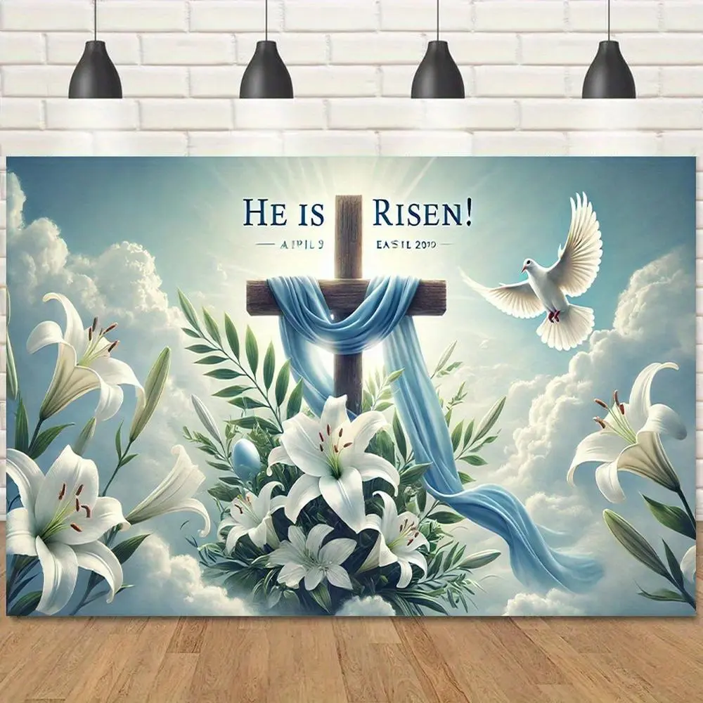 Easter Banner 1pc 2D Flat He Is Risen Golden Cross White Dove Background Durable Polyester Easy Hang Indoor Outdoor for Easter Weddings Birthdays Garden, Birthday, Easy Hanging