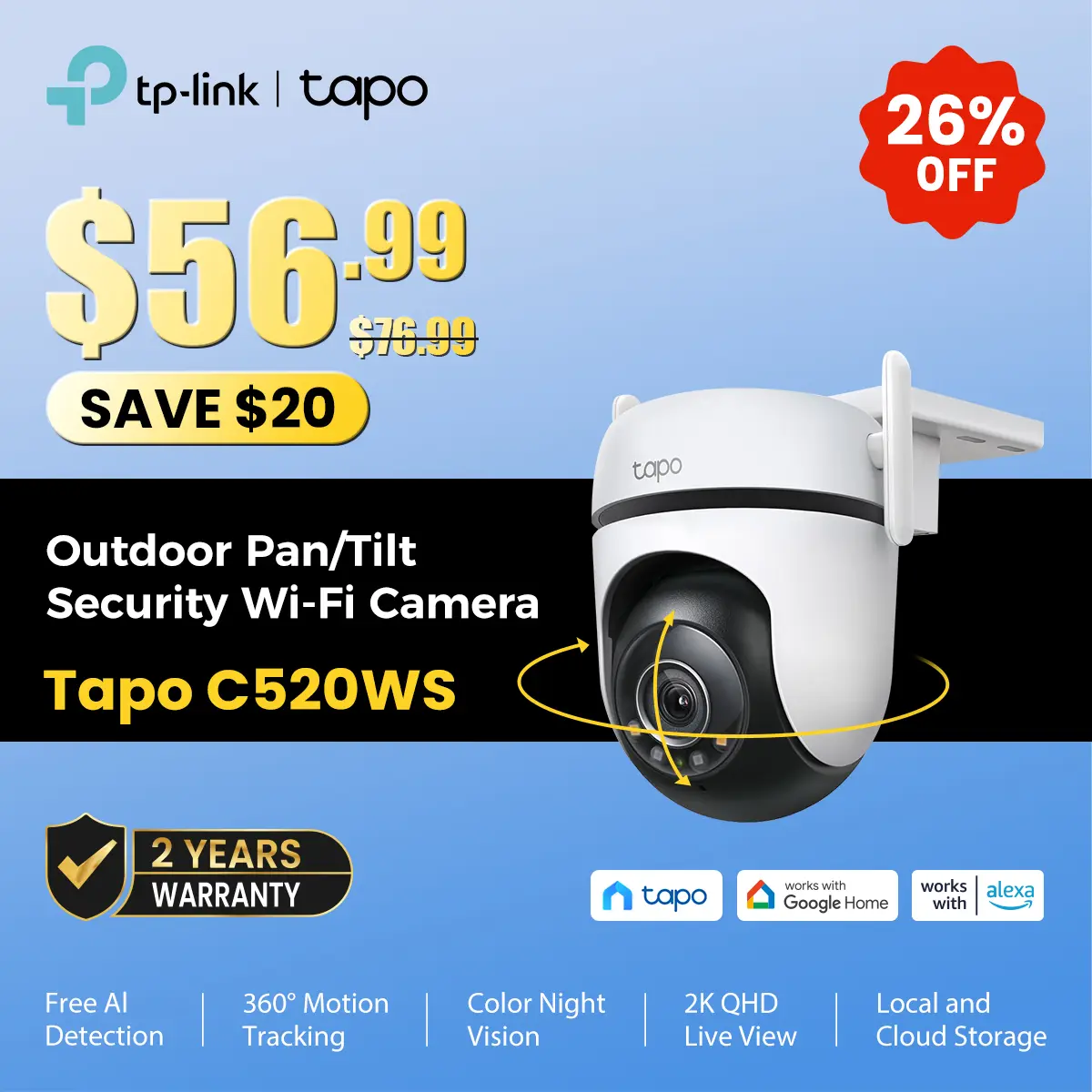 TP-Link & Tapo C520WS - 2K QHD Outdoor Pan/Tilt Wi-Fi Security Camera with 360° View, Motion Tracking, Color Night Vision, AI Detection, and Cloud & SD Card Storage Protection Surveillance Durable Adjustable