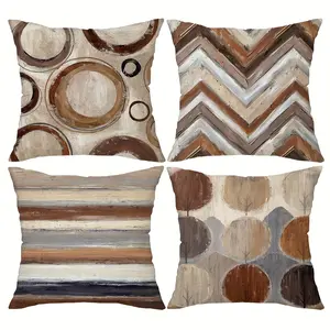 4pcs-Boho Geometric Patterns Decor Throw Pillow Covers, Brown Trendy Abstract Modern Home Decor Cushion Covers, Zippered Polyester Farmhouse Holiday Relax Throw Pillowcases for Living Room and Bedroom, Single-Sided Print, No Insert Included
