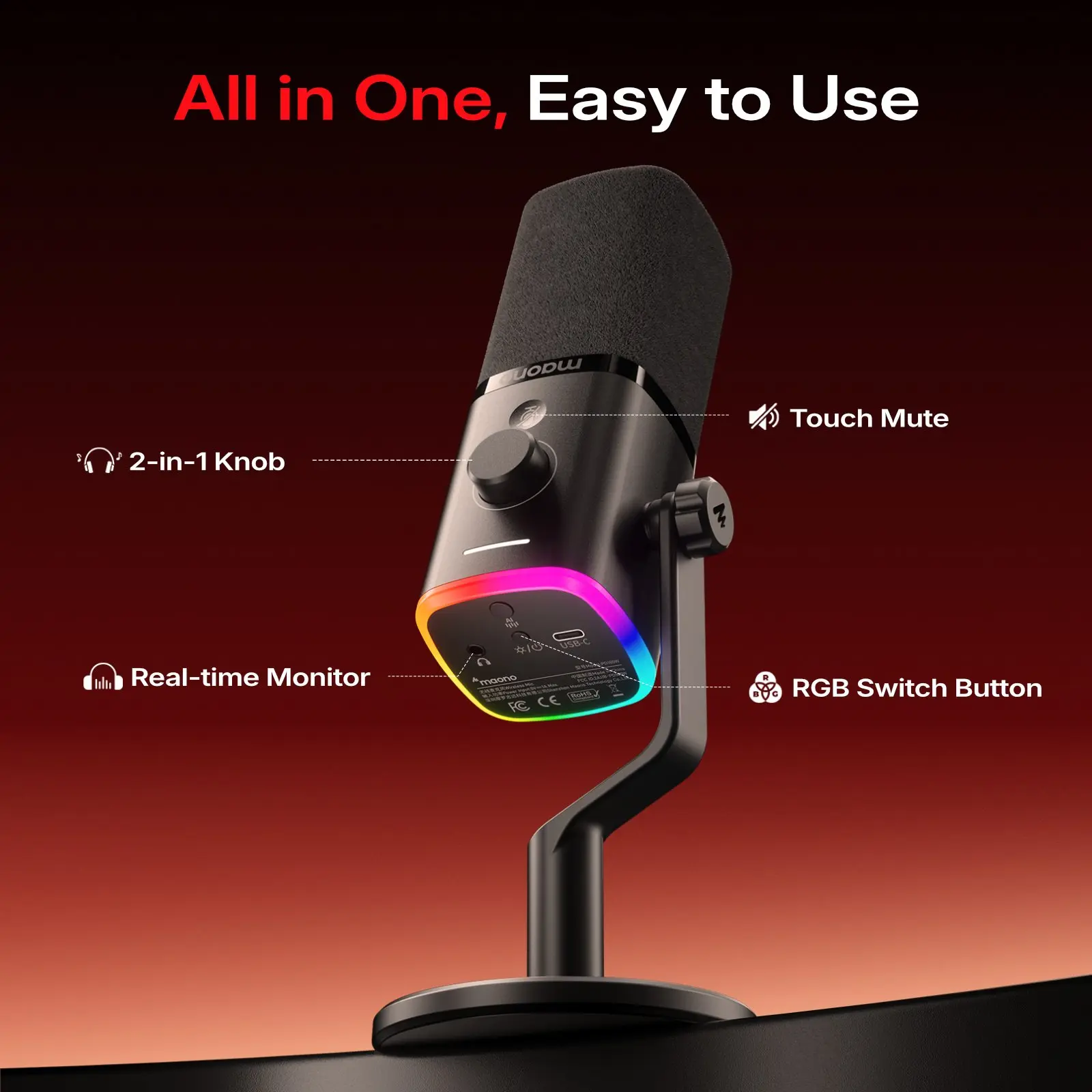 MAONO 100W Rechargeable Wireless-Wired USB Streaming Dynamic RGB Mic - Space-Saving, Cable Charging, Quick Mute, Headphone Jack, Gain Knob, Volume Control for PC Gamers, Podcasts (PC, Smartphone, Laptop, PS4, PS5 Compatible)