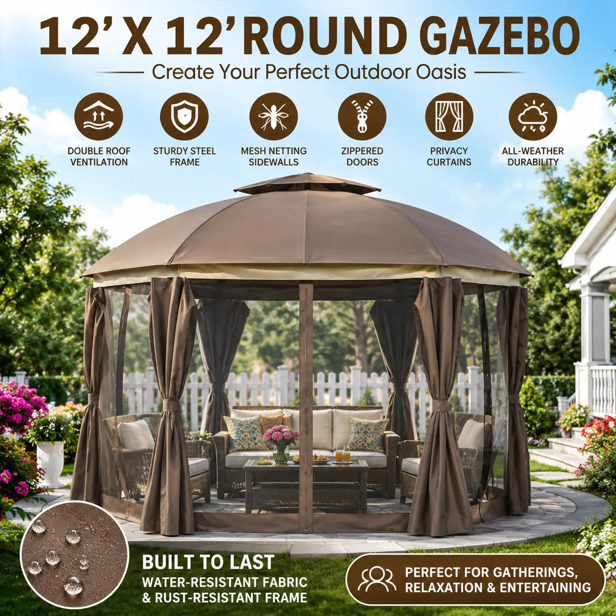 12x12 Round Outdoor Gazebo Patio Dome Gazebo Canopy with Netting and Curtains Double Roof Zippered Doors Strong Steel Frame Heavy Duty Permanent Pavilion Outside Sun Shade Pergola Backyard Deck Porch Brown  gazebo outdoor patio