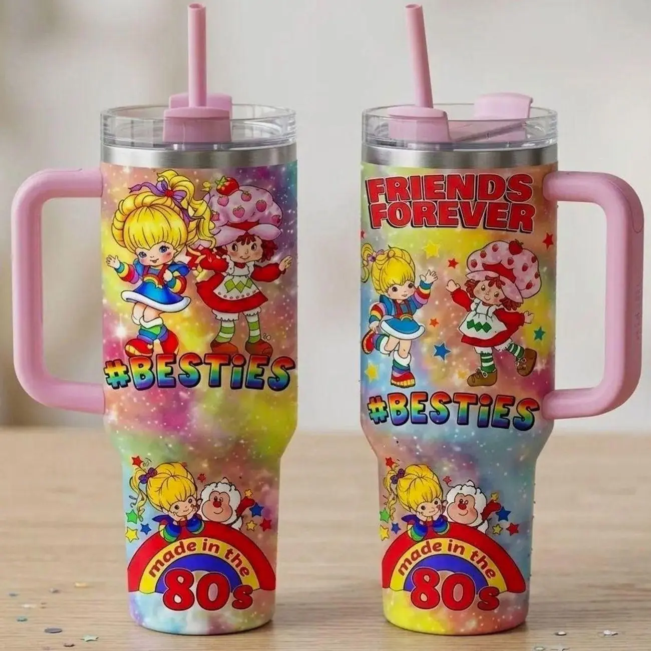 Retro 80s Strawberry Shortcake & Rainbow Brite Cartoon 40oz/30oz Stainless Steel Insulated Tumbler with Handle, Retro Cartoon Fan Gifts
