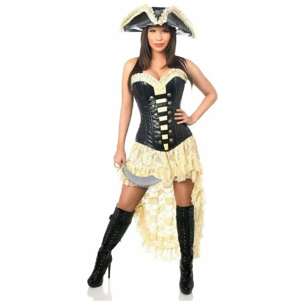 Premium 4-Piece Pirate Wench Costume: Steel Boned Corset, Skirt, Hat, Sword