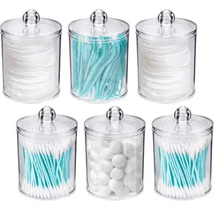 6 Pack Qtip Holder Dispenser -Cotton Ball, Swab, Round Pads, Floss , Small Clear Plastic  Jar Containers with Lids for Bathroom Storage and Organization, Vanity Organizer