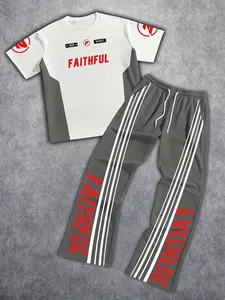 Men's Summer White and Gray Color-Blocked Letter Print Sports Set, made from breathable, quick-drying fabric, with a drawstring waist, machine washable, and featuring a minimalist street style