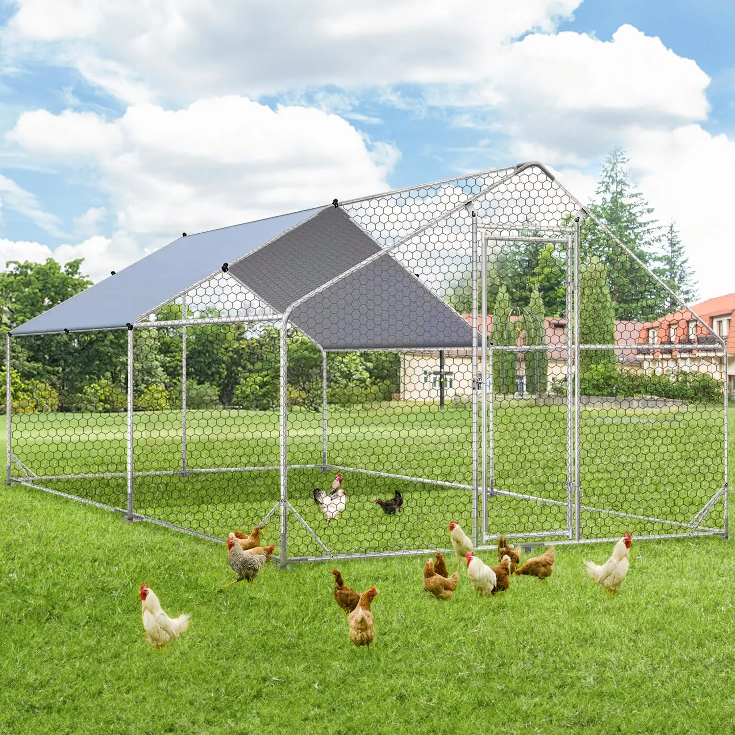YODOLLA Spire Chicken Coop Run, Effectively Prevents Predators, Large Walk-in Metal Chicken Cage with Chain Link Fence, Suitable for 10 More Chickens