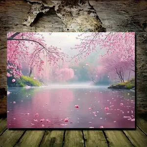 Floral Abstract Design Cherry Flower Pine Wood Frame Wall Art Print, Artistic Modern Home Decor for Living Room, Bedroom Wall Accent