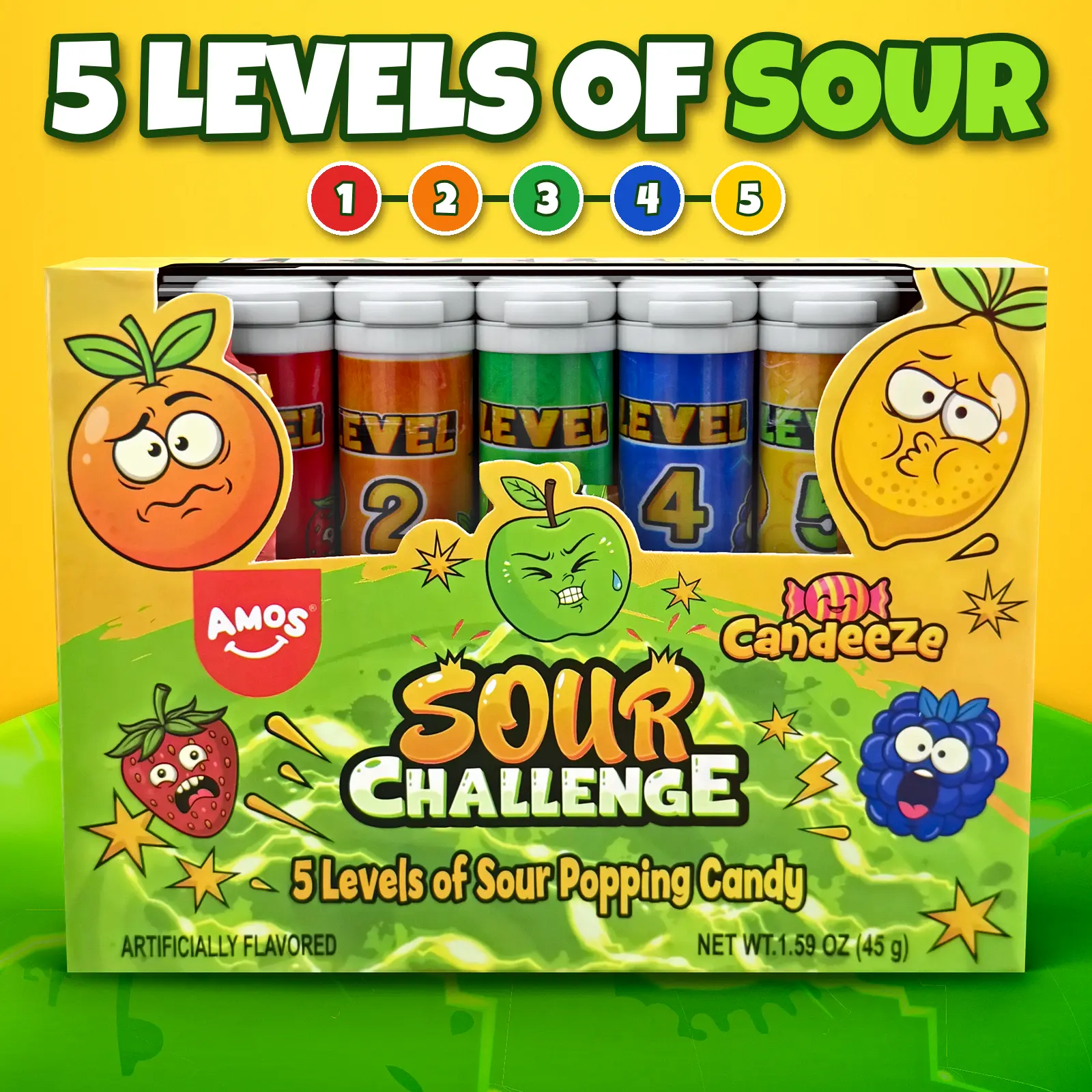Sour Challenge Sour Popping Candy - Candeeze x AMOS | 5 Levels: Strawberry, Orange, Green Apple, Blue Raspberry, Lemon Lime | 5 Tubes, 1.59 oz