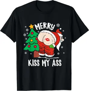 Merry Kiss My Ass Naughty Christmas gifts Funny Santa Claus T-Shirt Pure Cotton Graphic Tees Menswear Top: Gifts for Men & Women Streetwear Sleeves