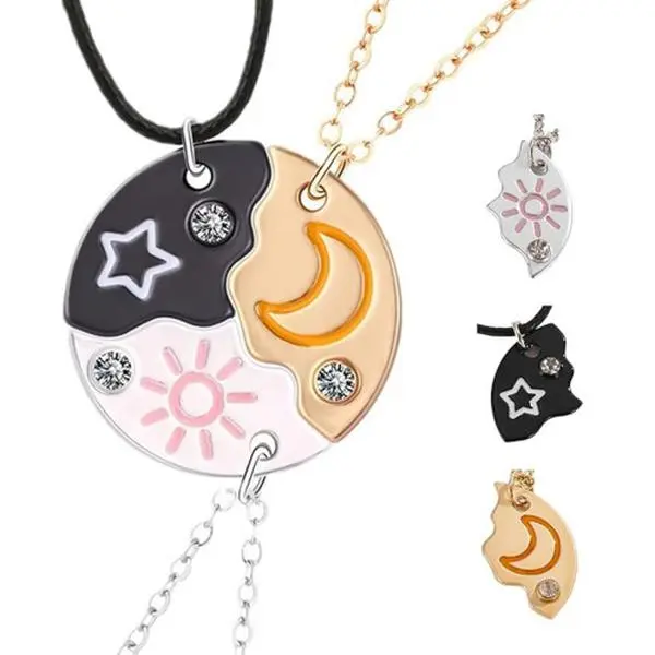 Back to School Gift，Sun Moon Star Friendship Necklace Set, Matching Magnetic Puzzle Pendant Jewelry for 3 4 Best Friends, BFF Necklace Gift for Sisters, Besties and Couples, Cute Rhinestone Jewelry Accessories, Friendship Keepsake, Dual Magnetic Necklac
