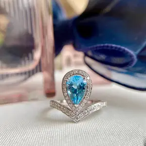 New Coronation 6*9mm Water Drop Crown Aquamarine ring Blue gem unique design luxury noble ring