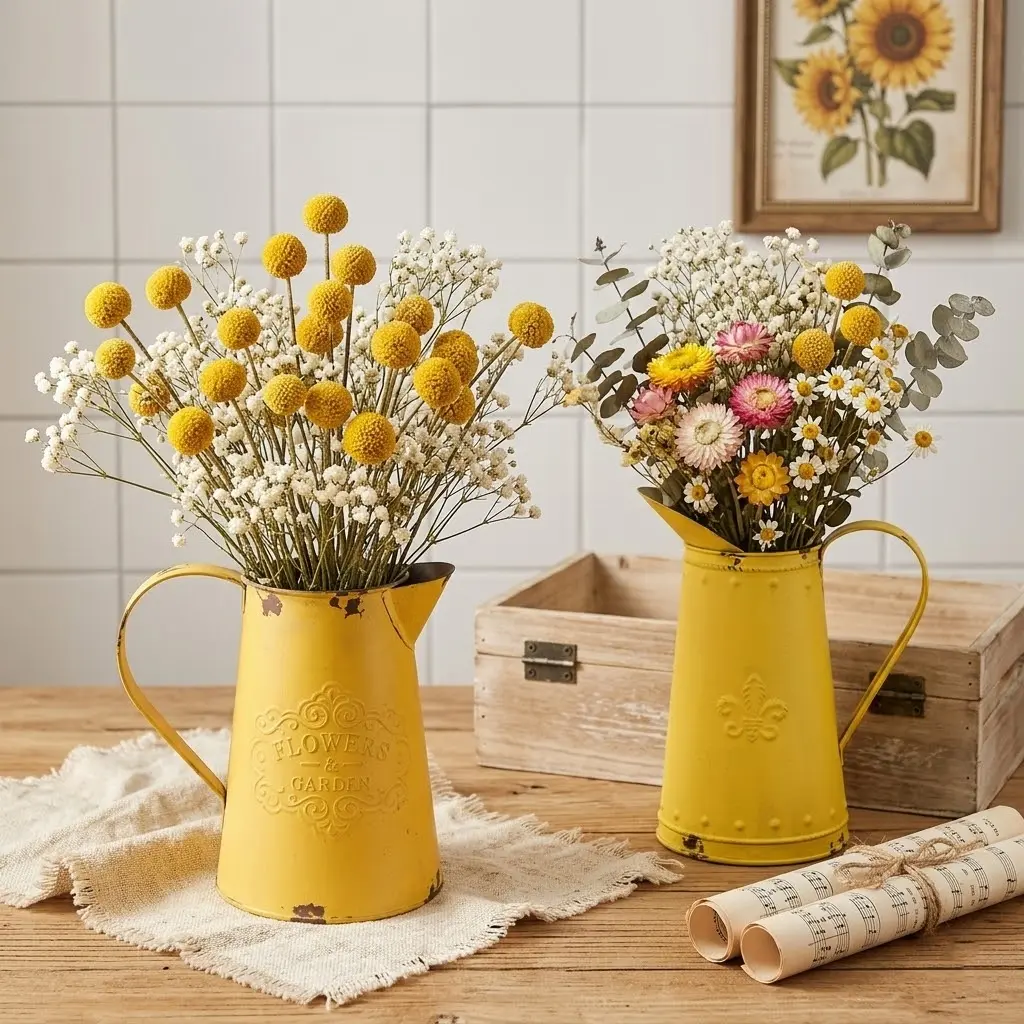 Vintage Yellow Metal Flower Vase - Shabby Chic Decorative Jug Pitcher, Rustic Farmhouse Home Decor for Kitchen, Entryway, Ideal Gift