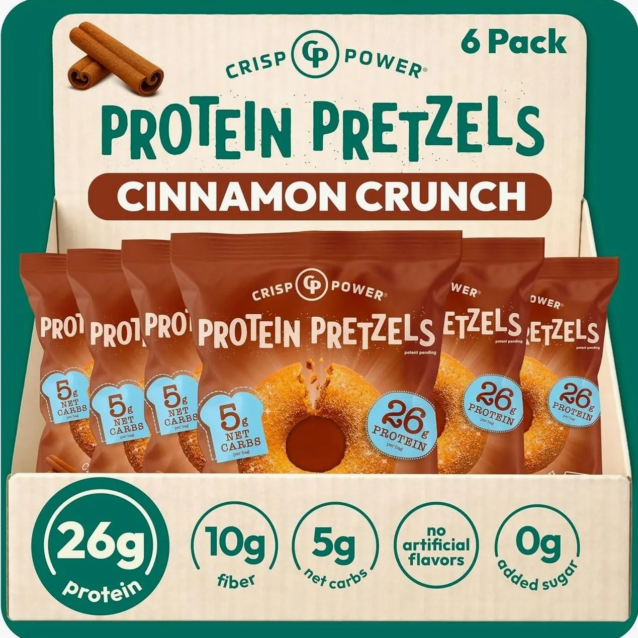 Protein Pretzels, NEW Cinnamon Crunch, 26G Protein, High Protein Snack, High Fiber, Low Carb Crunchy Pretzel Snacks, No Added Sugar, 1.75 oz Bags, 6 Pack, Vegan, Keto