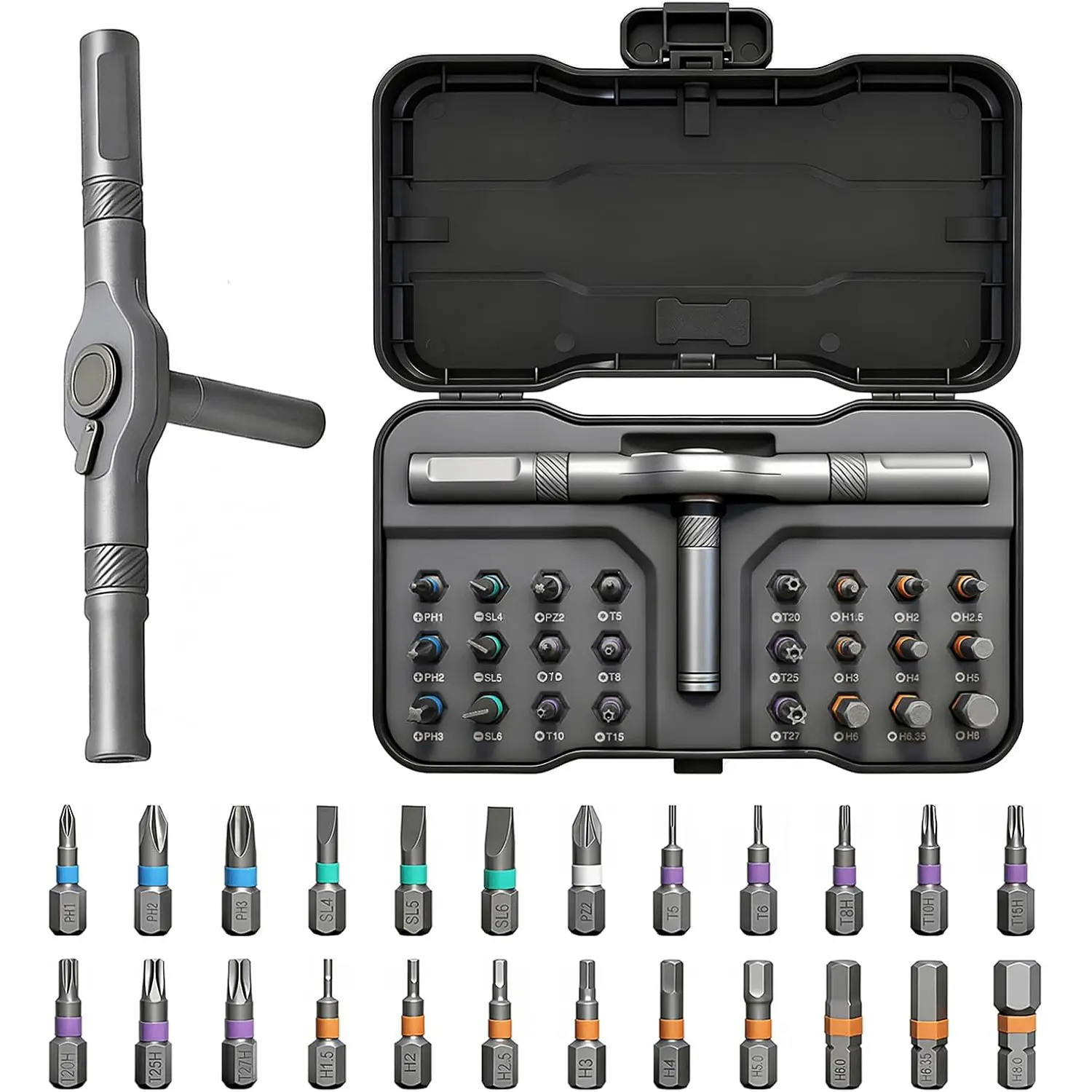 All-in-One T-Handle Ratchet Screwdriver Set with 24 Precision Bits - Durable S2 Steel Driver Kit for Home Improvement, Furniture Assembly, Auto Work, Electronics Repair and Outdoor Emergency Use