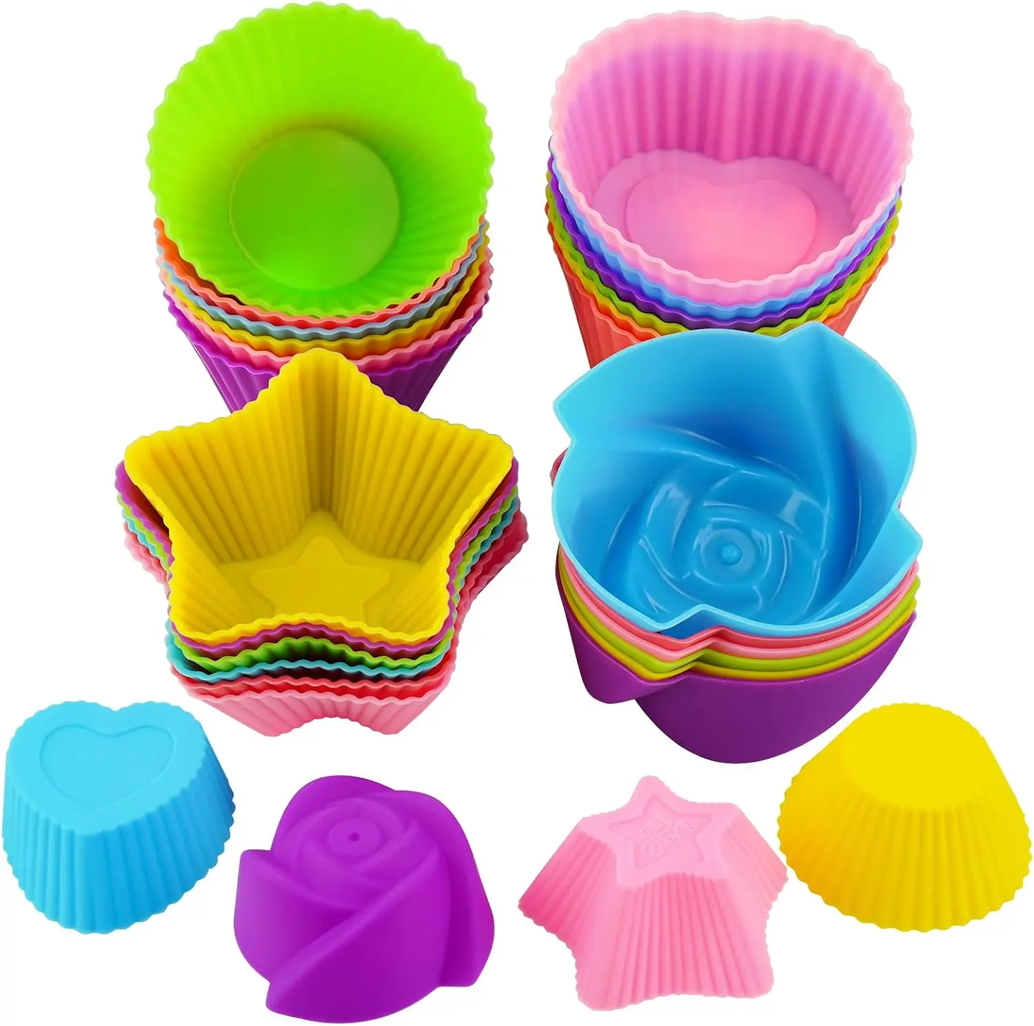 Reusable Silicone Cupcake Liners - 24Pcs Nonstick Greaseproof Baking Molds with Round, Star, Heart, Flower Shapes for Kids, Kitchen Bakeware Muffin & Cupcake Tins