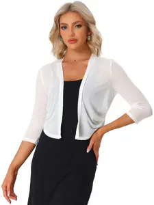 INSPIRE CHIC Sheer Mesh Bolero Shrugs Women's Elegant 3/4 Sleeve Lightweight Cropped Cardigan