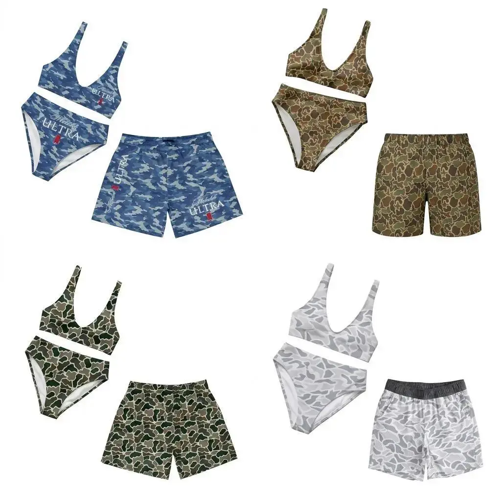 Couples Duck Camo Swimwear Set, Matching Bikini and Mens Swim Shorts, Hunting Inspired Beach Vacation Outfit, Summer Couple Beachwear