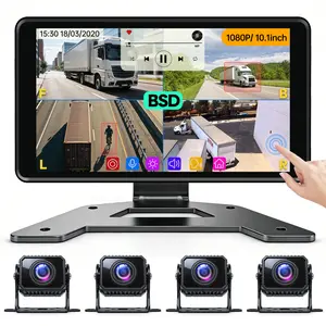ConewVehicle Truck Backup Camera System 10.1" Quad Split Touchscreen Monitor 4 1080P Rear Side View AHD Cameras MP5 Player BSD System DVR Recorder IP69 Waterproof Night Vision for RV/Truck/Bus/Trailer/Camper/Van