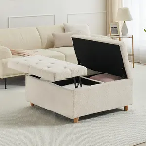 【GARVEE】Sherpa Storage Ottoman Coffee Table With Lift Top, Sherpa Fabric Tufted Upholstered Ottoman With Storage, Large Square Storage Ottoman Bench for Bedroom Living Room(Sherpa, White)