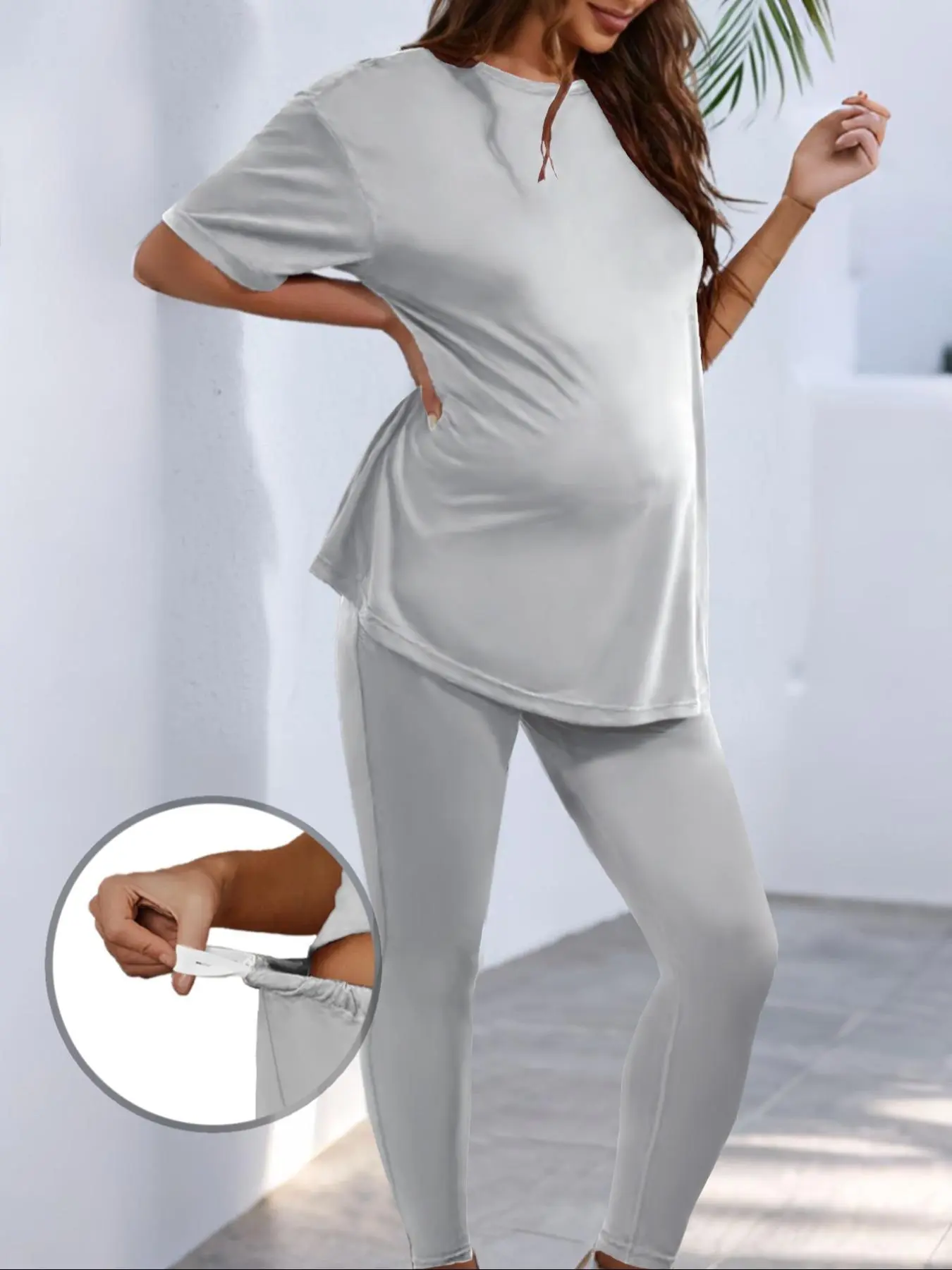 Summer Maternity Two-Piece Set, Maternity Outfits, Summer Maternity Sets, Maternity Matching Set, Short Sleeve Loose-Fitting Yoga Pants for Comfortable Home & Outdoor Wear, Casual Style for Moms, Pregnant, Pregnancy Clothes