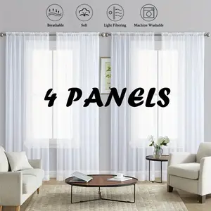 4 Panels Solid Color White Sheer Curtains for Bedroom Study Room Kitchen Living Room Rod Pocket Top Window Drapes,Transparent Light Weight Soft Window Treatment Curtains,63 84 95 108inches Length