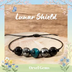 Lunar Shield | Moon Phase | Lunar Glow | New Moon Crystal Bracelet – Celestial Jewelry with Natural Healing Stones | Moonstone, Labradorite, Peach Moonstone, Blue Tigers Eye, Hematite, Black Tourmaline, Howlite & Quartz, 8mm Beads | Adjustable Fit