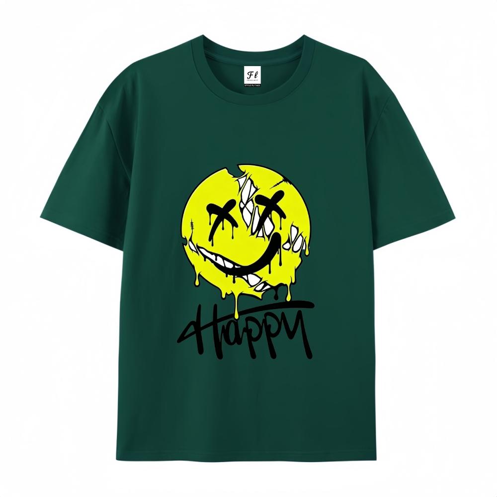 OveHappy Dripping Smiley Print T-Shirt Men Women rsized Casual Streetwear Short Sleeve Tops