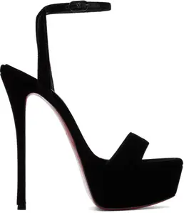 Christian Louboutin Loubi Queen Alta 150 Black Velvet Ankle Strap Platform Sandal Stiletto Heel Pump