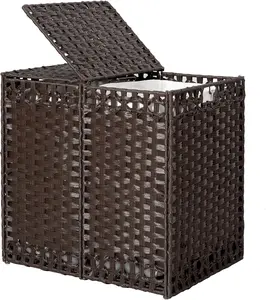 130L Foldable Laundry Hamper with Lid - Handwoven Rattan Basket, 2-Section Clothes Hamper w/2 Removable Liner Bags, Easy Assembly, for Bedroom Dorm,Brown