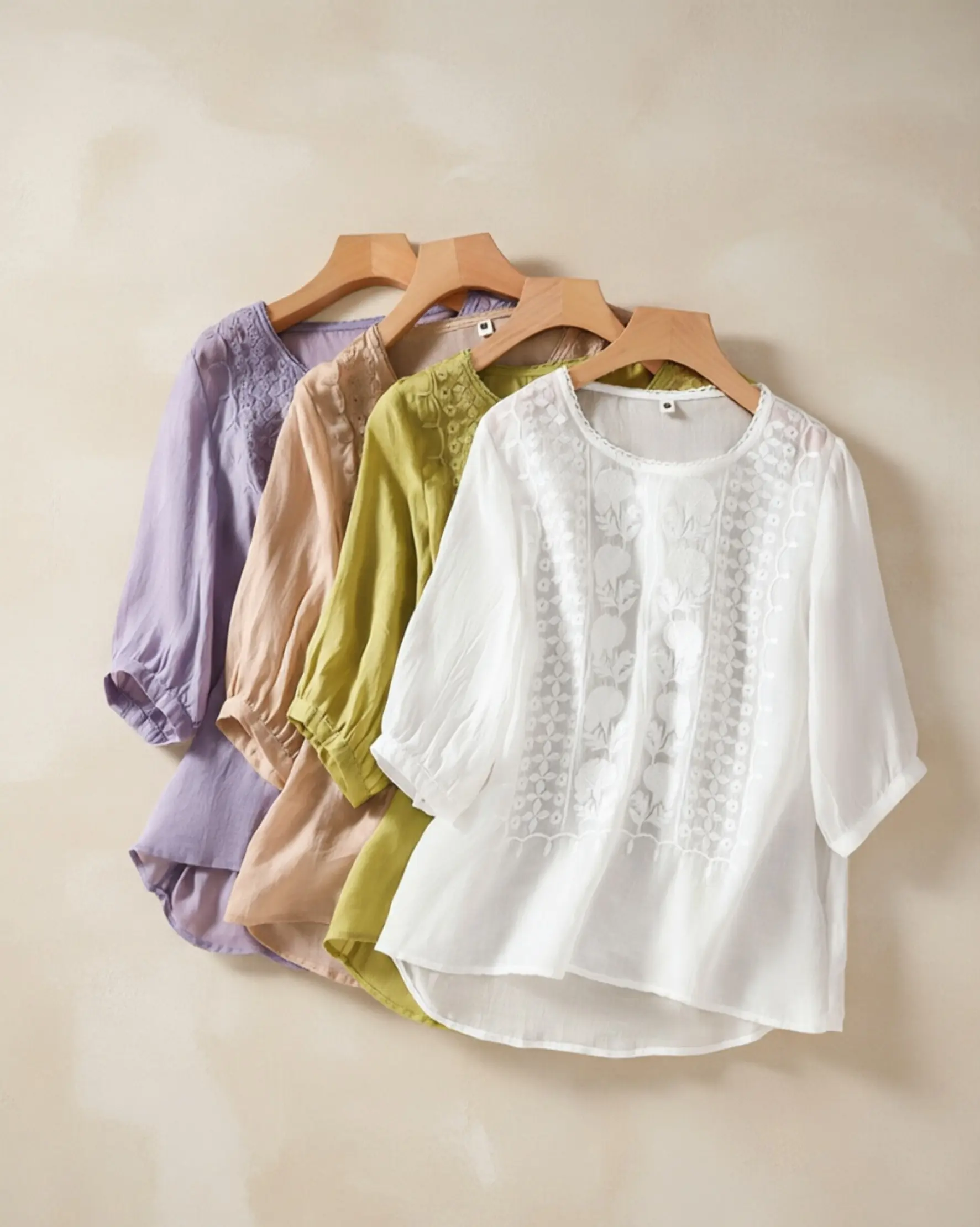 Women's Casual Vintage Blouse, Lightweight Summer Top with Intricate Embroidery, Breathable Cotton-Linen Blend, Loose Fit, Round Neck, Mid-Length Sleeves