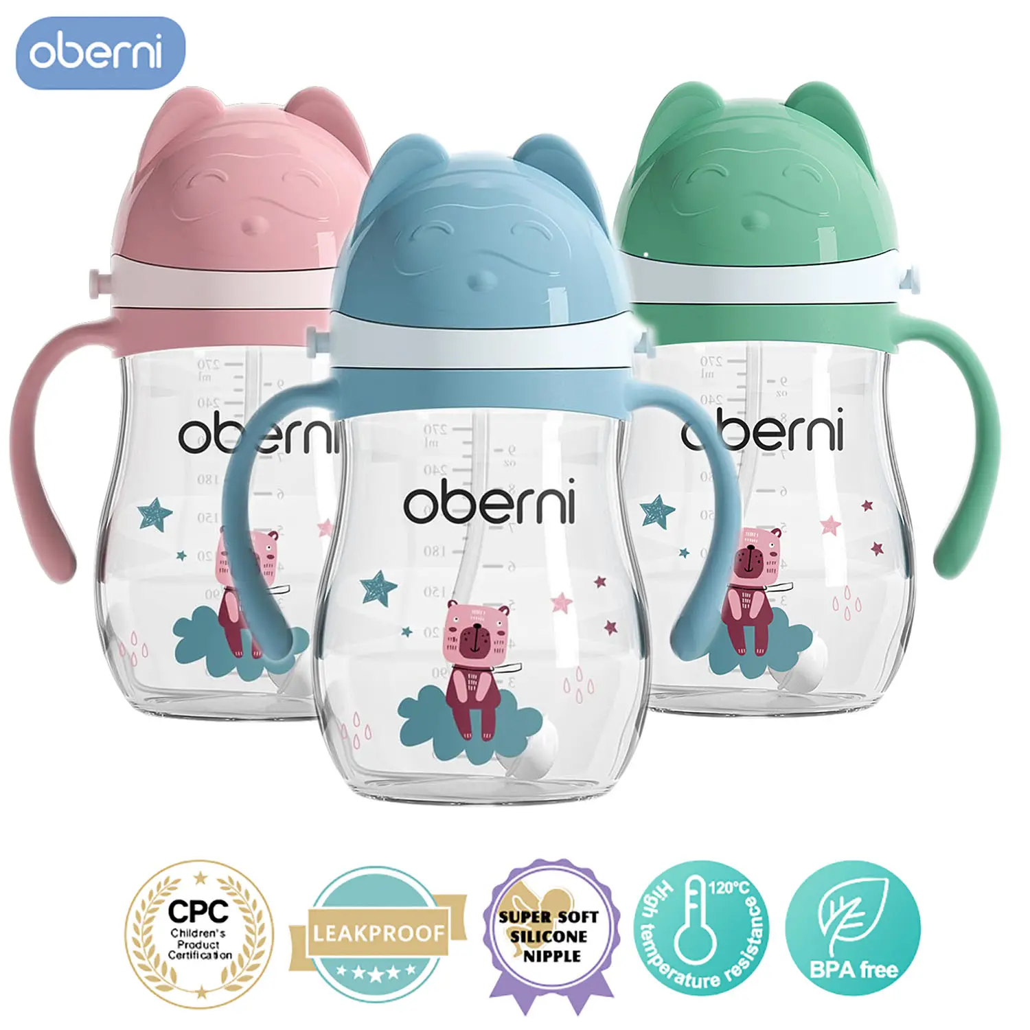 Oberni Leakproof Baby Sippy Cup - Eco-Friendly Tritan Wide Neck Cup with Double Sealing, Weighted Straw, Non-Slip Handle, 270ml/9oz for 1-3 Years Toddlers, Animal & Character Designs for Mothers