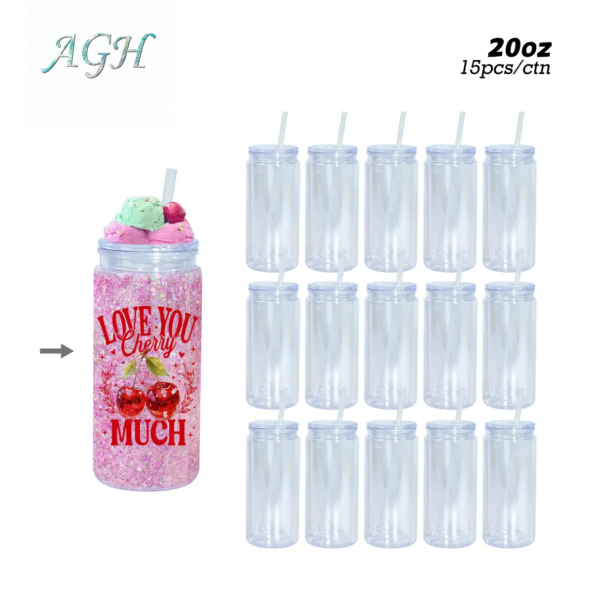 AGH US NEW PACK 15pcs 20oz Plastic Acrylic Cups Double Wall Tumblers Drinkware for Beer Coffee Juice DIY Glitter Giftwith Pre Drilled Hole Plugs