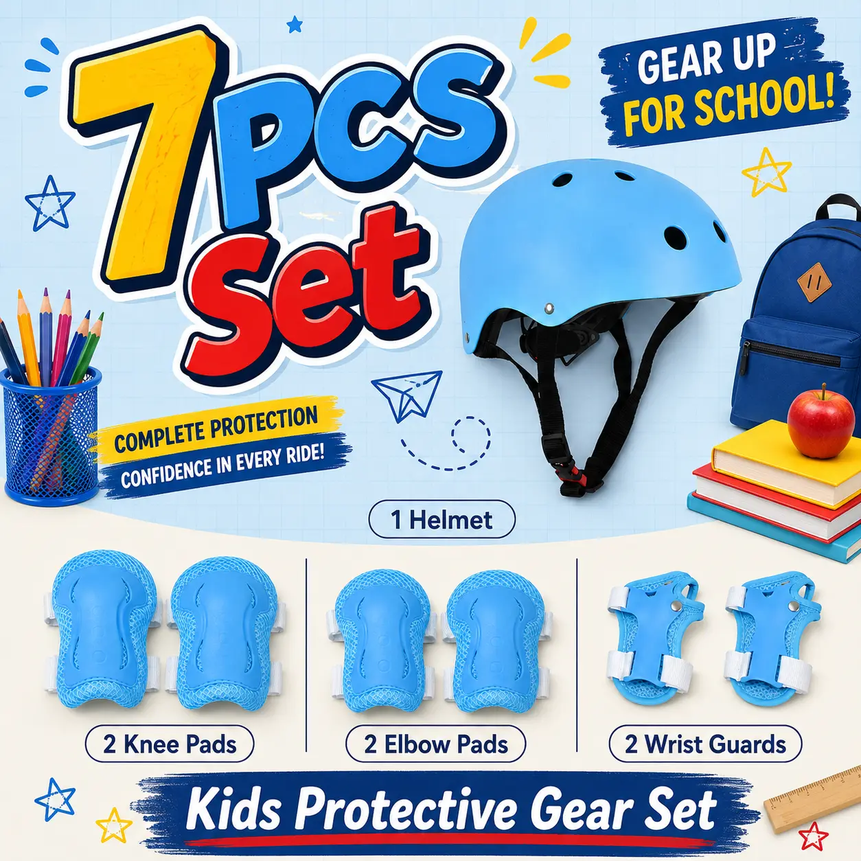 7PCS Kids Protective Gear Set with Adjustable Helmet, 2 Knee Pads, 2 Elbow Pads and 2 Wrist Guards for Skating, Scooter, Bike and Skateboard, Ages 3-10