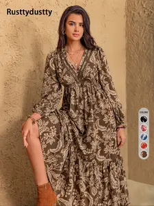 Women's Floral Print Contrast Lace Long Sleeve Ruffle Hem Dress, Elegant Bishop Sleeve V Neck A Line Dress for Vacation Holiday, Women's Clothes for Fall & Winter