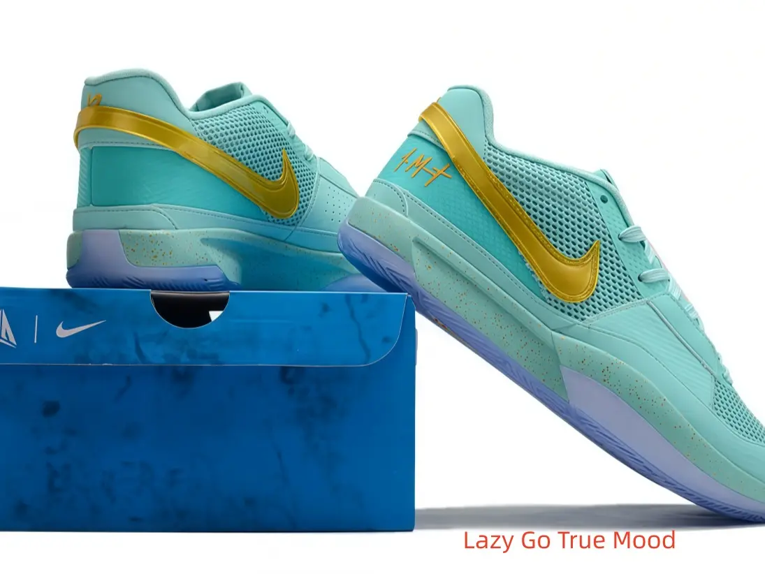 Fresh mint turquoise low-top collectible sneakers, breathable mesh upper with shiny metallic gold side graphic