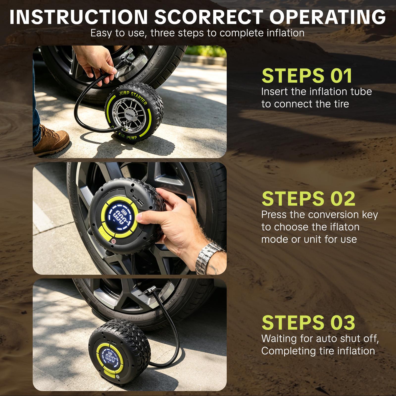 SEESE Tire Inflator Portable Air Compressor, 6000mAh Car Battery Jump Starter with LED light, 150 PSI Cordless Mini Air Bike Pump, Lightning Fast Inflation & Pressure Gauge for Auto, Motorcycles, Bikes, Balls SEESE Tire Inflator Portable Air Compressor, 6000mAh Car Battery Jump Starter with LED light, 150 PSI Cordless Mini Air Bike Pump, Lightning Fast Inflation & Pressure Gauge for Auto, Motorcycles, Bikes, Balls