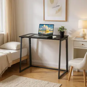 Homy Casa Ascoli Folding Desk 31.5 Inches Space Saving Design Easy Assembly Durable Metal Frame Black Brown Oak Solid Wood Versatile Office Furniture