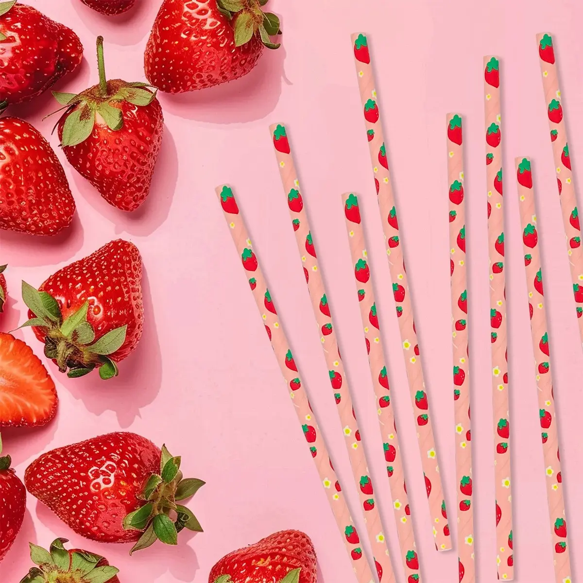 50/100pcs Strawberry Pattern Fun Paper Straws, Disposable Drinking Straws, Perfect for Girl Birthday Parties, Baby Parties, Summer Berry Theme, Drink Accessories