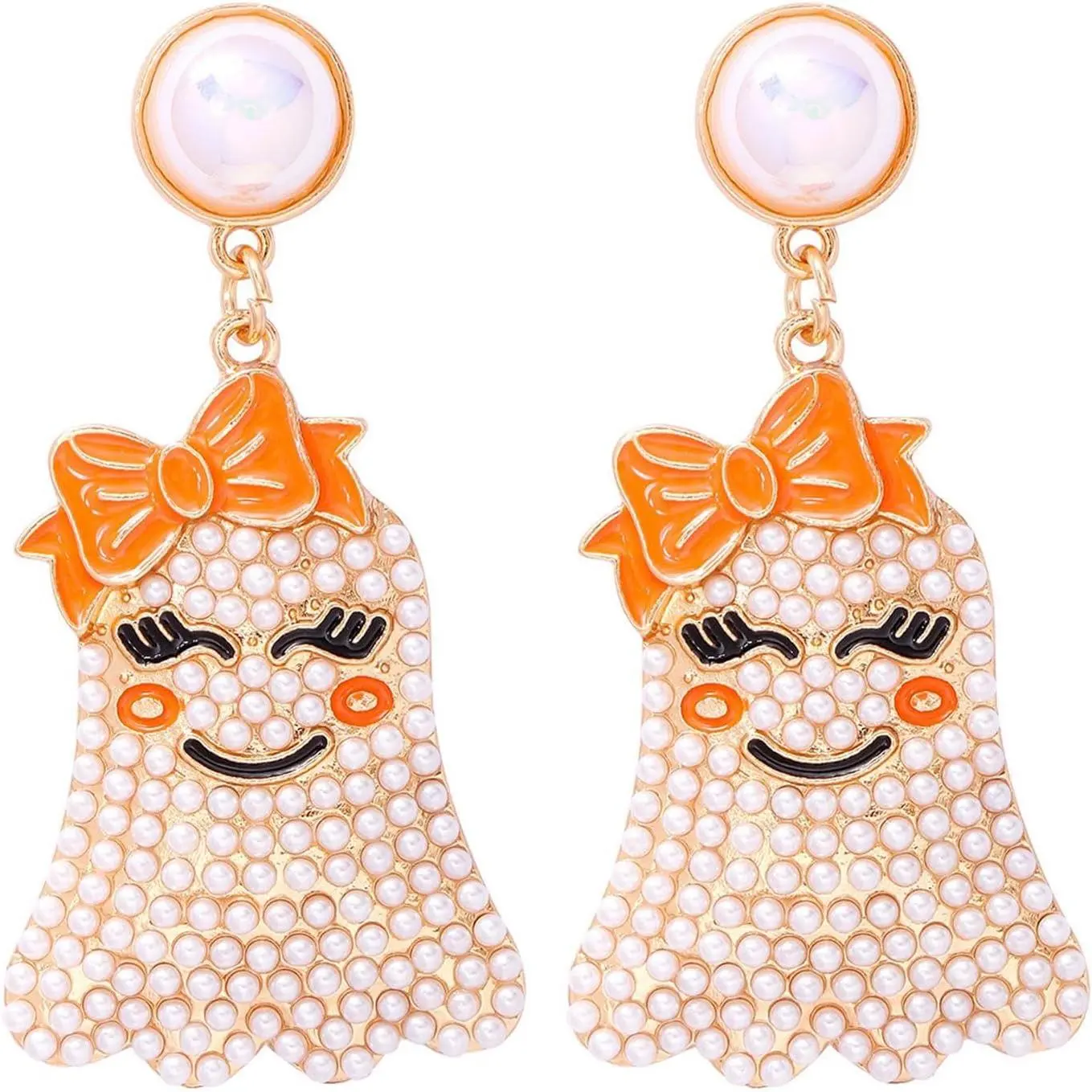 Women's Cute Halloween Ghost Beaded Dangle Earrings - Female Costume Jewelry with Colorful Rhinestones, Artificial Pearl Accents, Zinc Alloy Craftsmanship for Daily Wearing, Graduation, Bejeweled, Dating