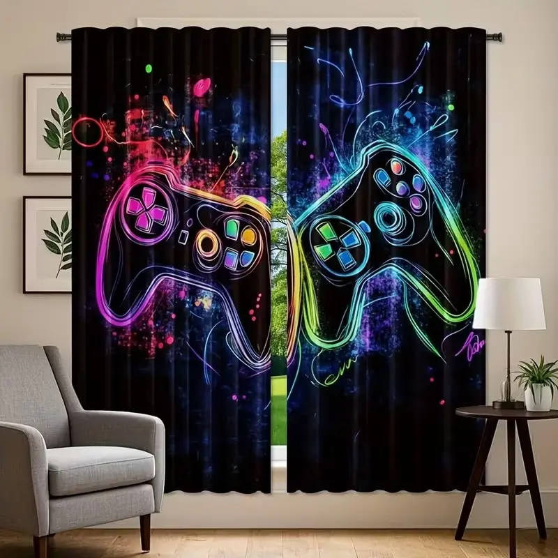Game Theme Curtain Set, Home Decoration Curtain, Window Curtains, Vibrant Headphone Controller Design, Perfect for Game Room Decor, Enhance Your Gaming Experience, Finished Curtain