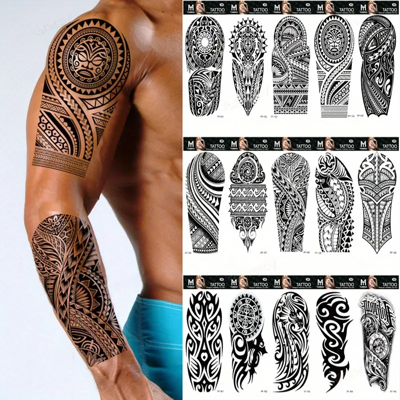 15-Piece Realistic Tribal Totem & Geometric Mandala Temporary Tattoos, Ephemeral Tattoos, DIY Tattoos, Waterproof Sweatproof Men's Fake Tattoo Stickers, Perfect for Arms & Body