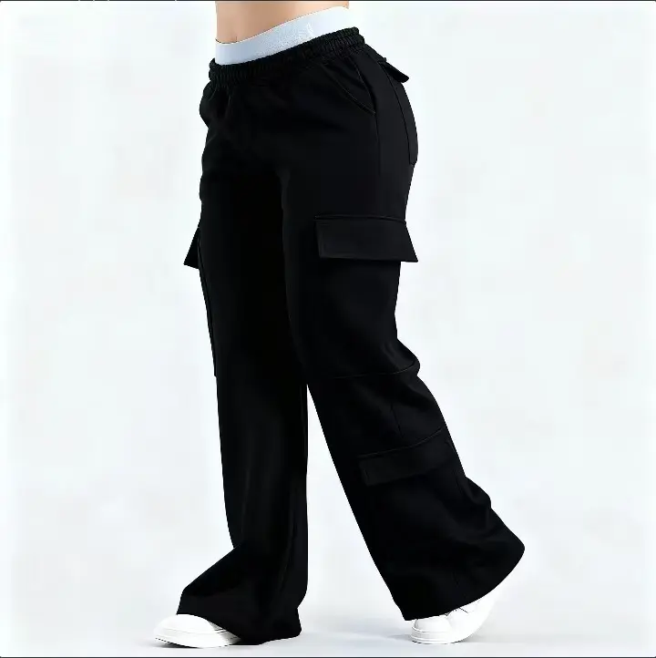 Women's High Waist Cargo Sweatpants - Loose Fit Wide Leg Joggers with Pockets, Basic Fabric Bottoms for Daily, Workout & Running