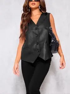 Women's Vintage Casual Loose PU Leather Vest Sleeveless V-Neck Jacket, Simple Daily Wear, Christmas New Year Party Set, Valentine's Day, Sleeveless Vests