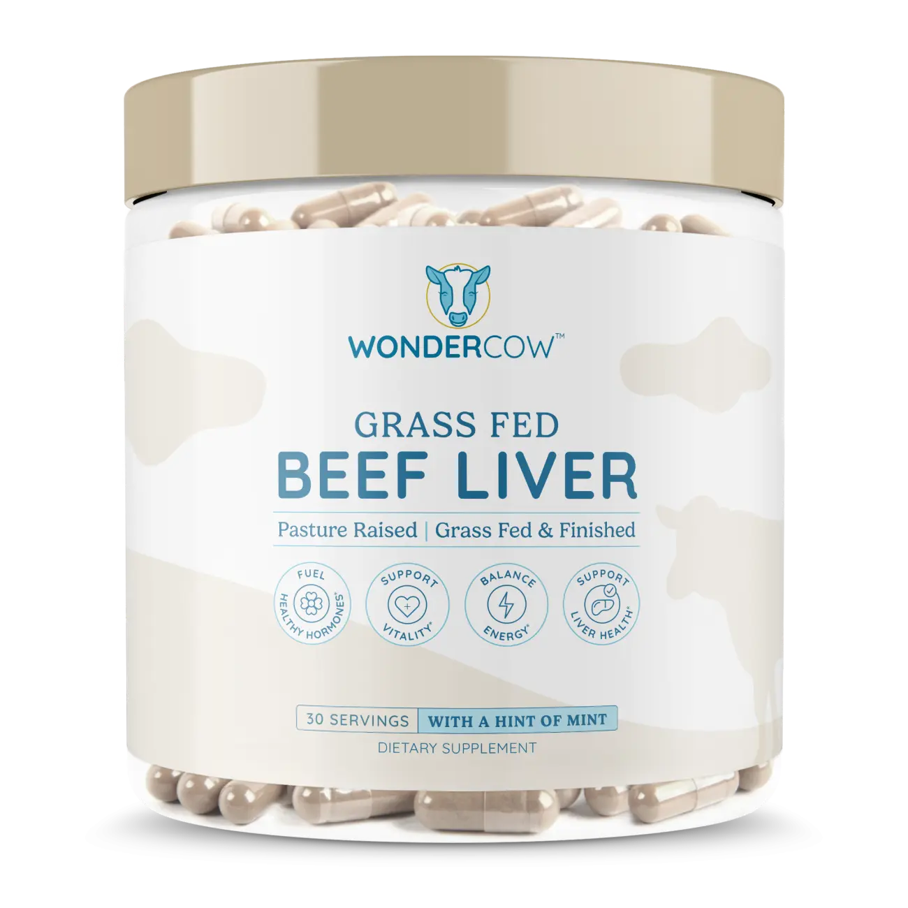 WonderCow, Grass Fed Beef Liver Capsules, Energy & Hormone Support, High in Vitamin A & B12, Iron & Protein, 3,000mg per Serving, 30 Servings