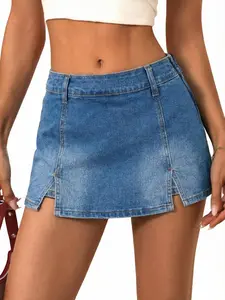 EMMIOL Denim Mini Skirt for Women - Mid-Low Waisted Stretch Side Zipper Skort Y2k Casual Jean Skirts with Shorts Underneath
