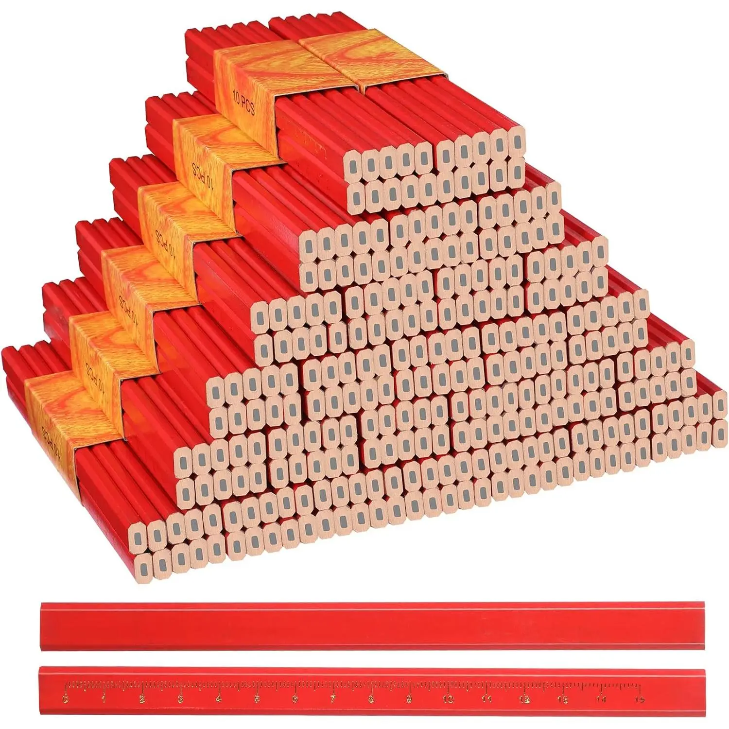300 count Carpenter Pencils 7 Inch Octagonal Flat Carpenter Marking Pencils Hard Black Construction Contractor Pens for Woodworking and Concrete Marking(Red)